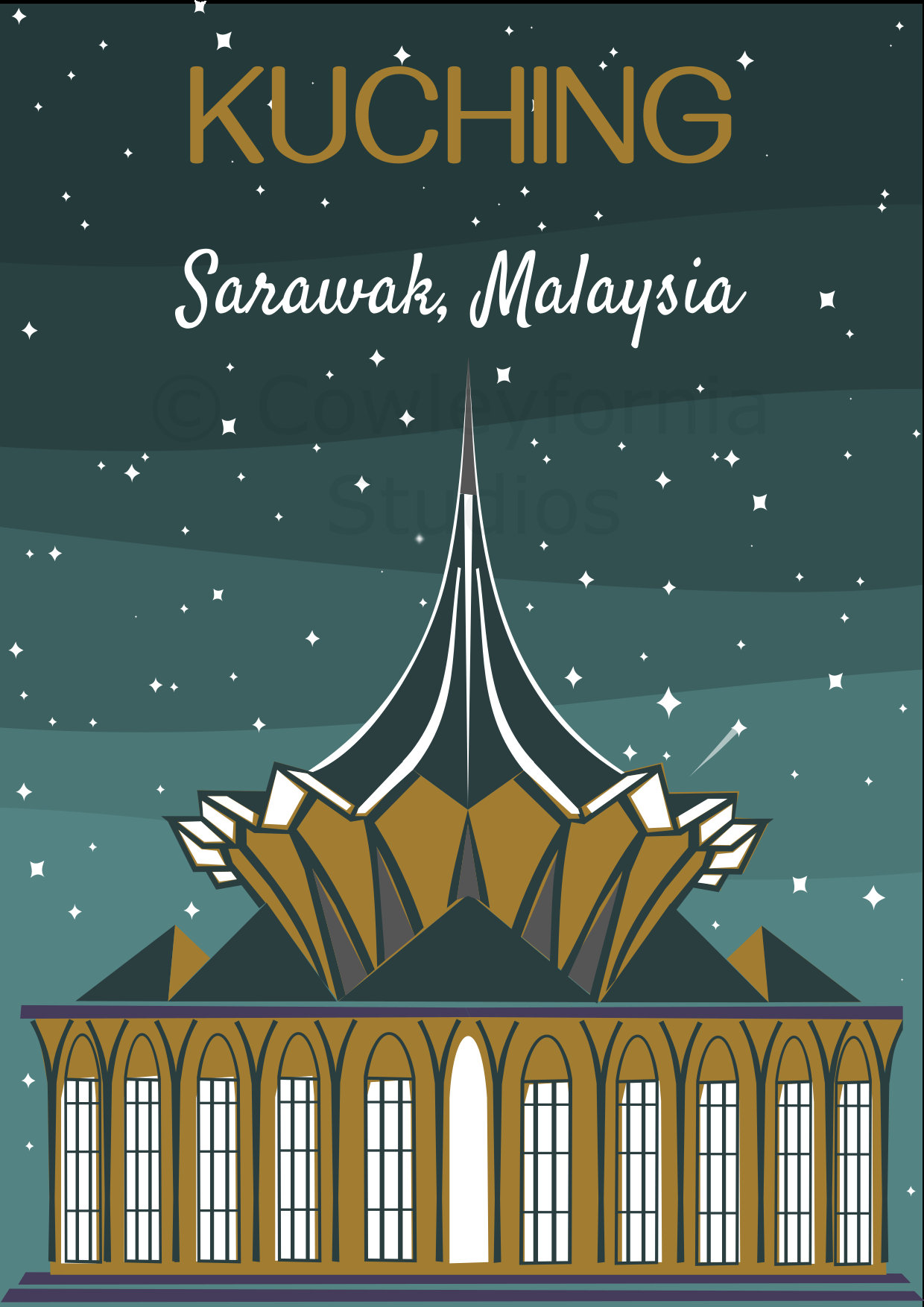 Borneo Kuching Malaysia Illustrated Print Cityscape Poster Sarawak