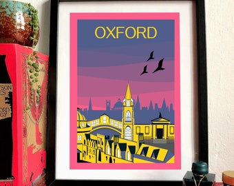 Oxford Illustrated Skyline Print | Cityscape Poster | England United Kingdom | Travel Poster | Art Print | Size A4 |