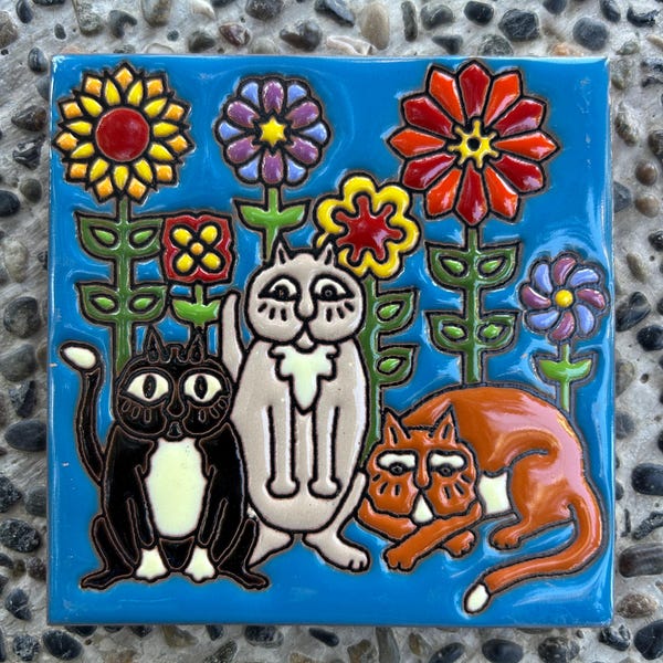 Talavera Cat Tile Coaster Colorful Ceramic Cat Decor Mexican Folk Art Tile Cat Lover Gift Decorative Tile 4.25 Inch