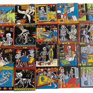 May include: A set of 16 colourful ceramic tiles featuring skeletons in various activities, including fishing, playing baseball, riding a bicycle, and working out. Each tile has a unique design and vibrant colours.