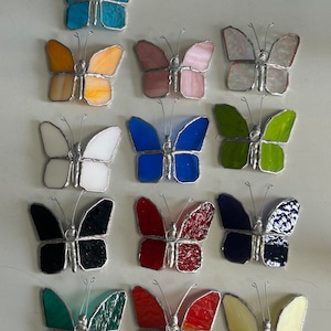 Pu&ograve; includere: Assortimento di 12 farfalle in vetro colorato in vari colori, tra cui blu, giallo, rosa, verde, bianco, nero, rosso e crema. Ogni farfalla ha una cornice in filo d'argento.