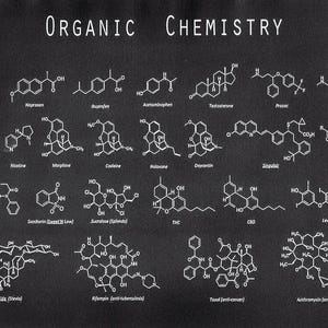 Könnte beinhalten: Eine Schwarzweißillustration verschiedener organischer chemischer Strukturen, darunter Aspirin, Koffein, Nikotin, Morphin, Codein, THC, CBD und mehr. Das Bild trägt den Titel "Organische Chemie" und enthält die Namen der einzelnen Moleküle.