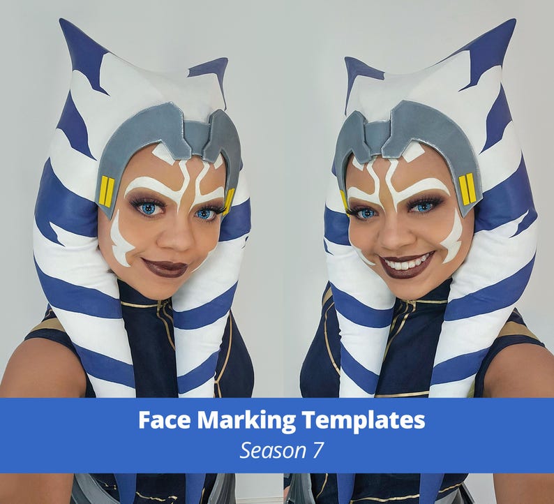 May include: A woman wearing a blue and white striped headdress with a grey headband and yellow accents. The headdress is similar to the one worn by Ahsoka Tano in Star Wars: The Clone Wars. The image is titled "Face Marking Templates Season 7".