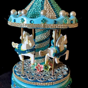 Turquoise Rhinestone Musical Carousel | Horse Music Box | Handmade Gift, Vintage Style