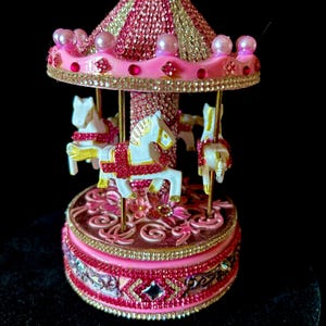 Pink Rhinestone Musical Carousel | Horse Music Box | Handmade Gift, Vintage Style