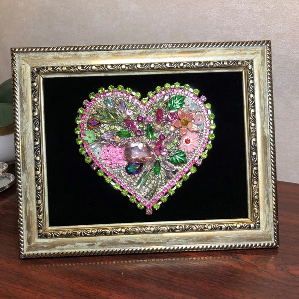 Jeweled Framed Jewelry Art Heart Handmade with Vintage Rhinestone Jewelry Valentine's Day