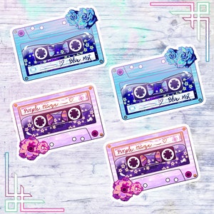 May include: Four colorful cassette tapes with a galaxy design and flowers. The tapes are labeled "Purple Haze" and "Blue Mist".