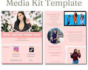 May include: A pink and white media kit template with a photo of a woman in the top left corner. The template includes sections for statistics, services offered, collaborations, and contact details. The text "Lifestyle & Fashion" and "First and last name here" are at the top of the page. The text "2 Page Template" is at the bottom of the page.