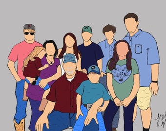 May include: A family portrait illustration featuring nine people, including adults and children. The adults are wearing casual clothing, while the children are wearing a variety of outfits. The family is standing in front of a gray background. The illustration is signed "Meredith"