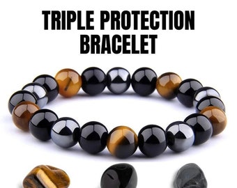 Triple Protection Bracelet | Hematite, Black Obsidian & Tiger Eye Stones | Mens| Womens