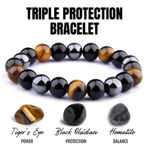 Triple Protection Bracelet Hematite, Black Obsidian & Tiger Eye Stones Mens Womens image 1