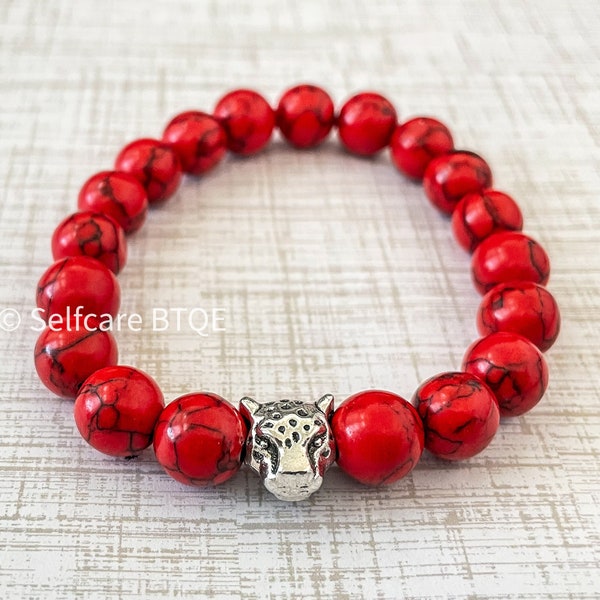 Leopard Head Charm Bracelet with Red Turquoise Stones