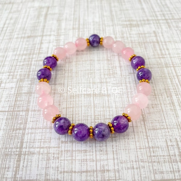 Amethyst Crystal & Rose Quartz Stone Love and Relationship Bracelet| 8 mm