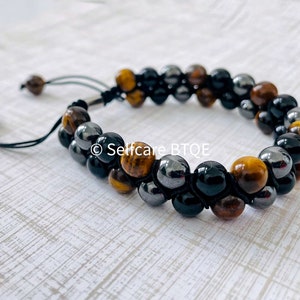 Triple Protection Bracelet Hematite, Black Obsidian & Tiger Eye Stones Mens Womens image 3