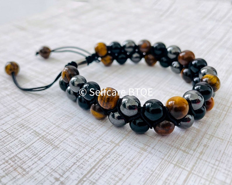 Triple Protection Bracelet Hematite, Black Obsidian & Tiger Eye Stones Mens Womens image 3