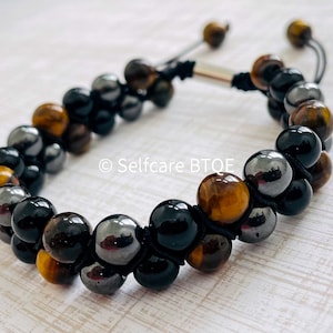 Triple Protection Bracelet Hematite, Black Obsidian & Tiger Eye Stones Mens Womens image 10