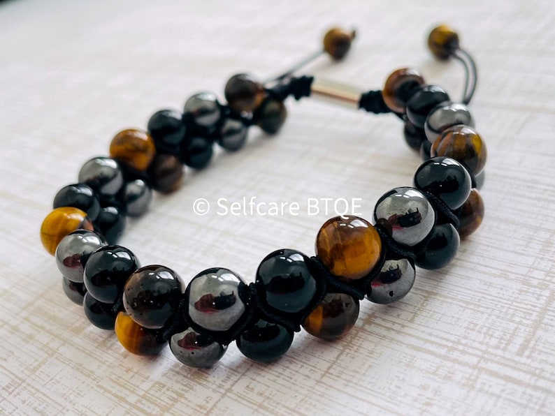 Triple Protection Bracelet Hematite, Black Obsidian & Tiger Eye Stones Mens Womens image 10