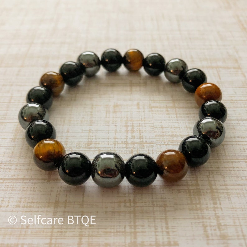 Triple Protection Bracelet Hematite, Black Obsidian & Tiger Eye Stones Mens Womens image 2