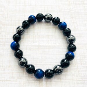 Triple Protection Bracelet Hematite, Black Obsidian & Tiger Eye Stones Mens Womens image 4