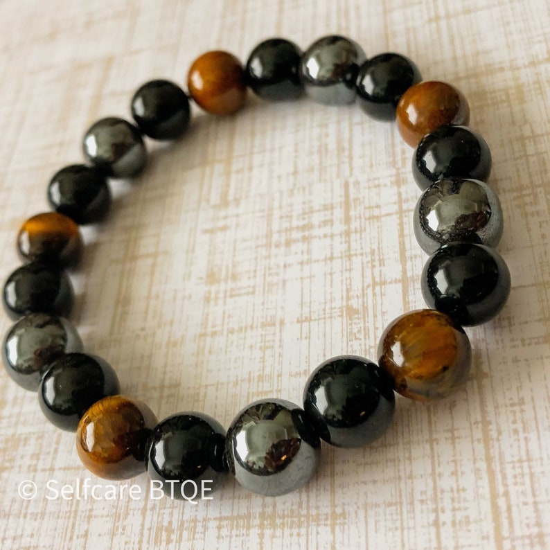 Triple Protection Bracelet Hematite, Black Obsidian & Tiger Eye Stones Mens Womens image 8