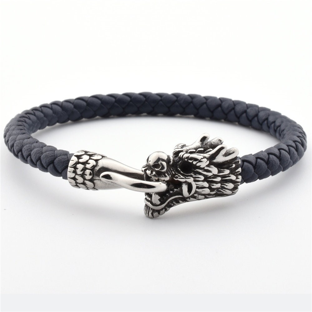 Dragon Clasp Stainless Steel Leather Bracelet, Black / A / 18.5 cm