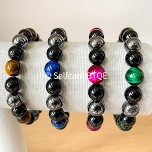 Triple Protection Bracelet Hematite, Black Obsidian & Tiger Eye Stones Mens Womens image 7