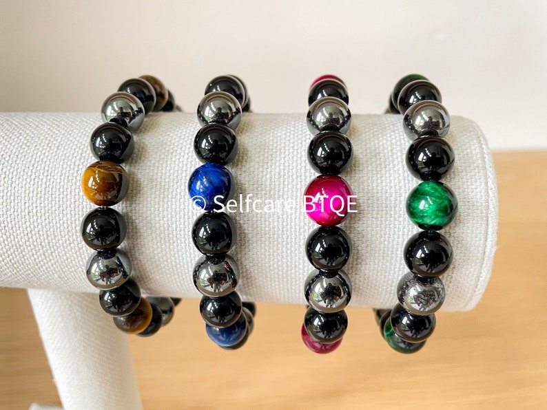 Triple Protection Bracelet Hematite, Black Obsidian & Tiger Eye Stones Mens Womens image 7