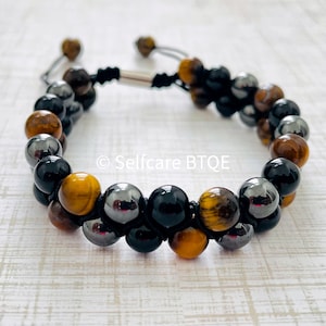 Triple Protection Bracelet Hematite, Black Obsidian & Tiger Eye Stones Mens Womens image 9