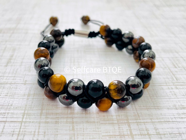 Triple Protection Bracelet Hematite, Black Obsidian & Tiger Eye Stones Mens Womens image 9