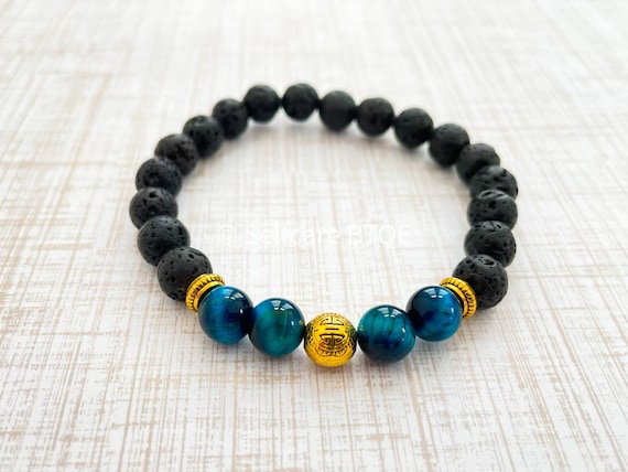 Buy Blue Tigers Eye and Black Lava Stones Beaded Bracelet for