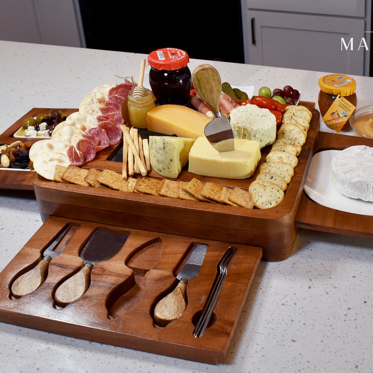 Acacia Wood Charcuterie Board Set: Marble Slab, Ceramic Dishes & Cheese Knives