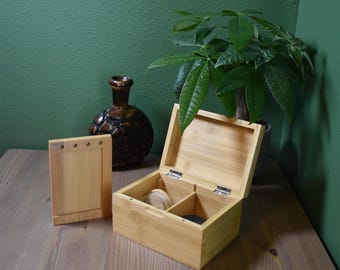 Personalized Bamboo Stash Box Set: Magnetic Lid, Removable Divider, Grinder, Glass Jars