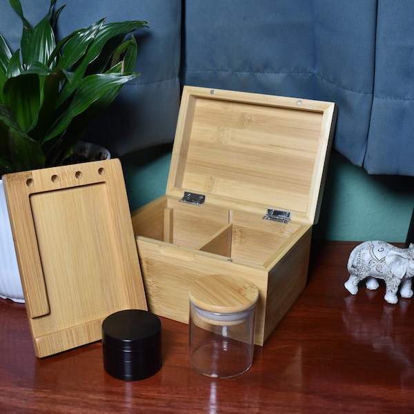 Kramerica Premium Magnetic Stash Box Set - Storage For Herbs| 100% Bamboo | Grinder, Stash Jar, Rolling Tray | Discrete