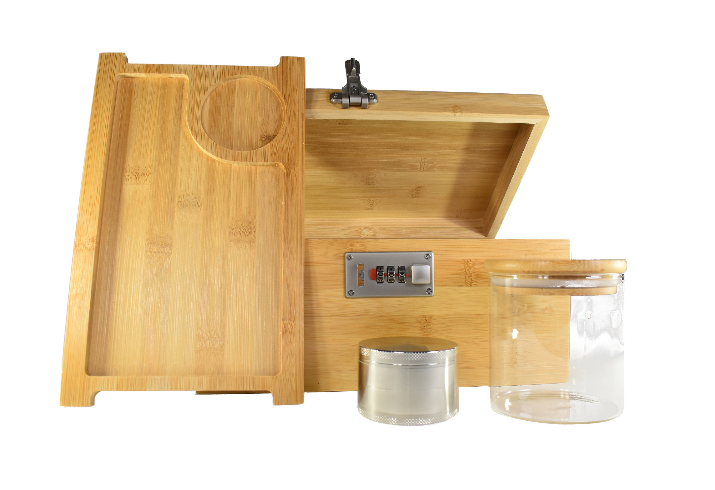 Scatola Portaoggetti In Bambù Con Serratura A Combinazione | Set Di 2 Barattoli A Prova Di Odore + Grinder 63mm | Organizer Modulare Per Accessori