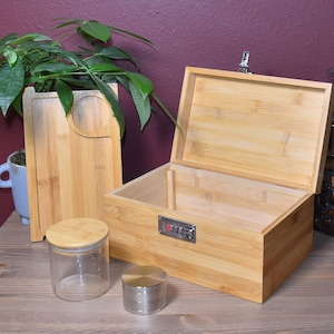 Premium Bamboo Stash Box Set with Grinder, Smell Proof Jar, and Rolling Tray | Lockable Storage Organizer | Eco-Friendly Gift