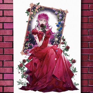 May include: A woman with pink hair and a red dress is holding a black rose. She is surrounded by roses of various colors, including red, pink, blue, and white. The image is framed in a gold frame with a white background.