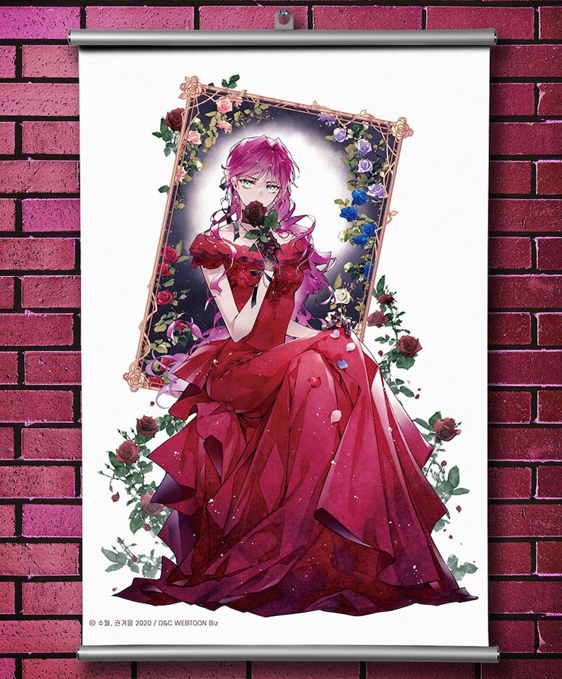May include: A woman with pink hair and a red dress is holding a black rose. She is surrounded by roses of various colors, including red, pink, blue, and white. The image is framed in a gold frame with a white background.