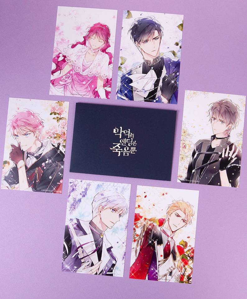 May include: Set of six illustrated postcards featuring characters from the Korean webtoon "The Duchess' 50 Tea Recipes". The postcards are printed on white cardstock and feature a floral design. The text on the envelope reads "The Duchess' 50 Tea Recipes".