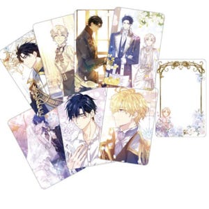 Puede incluir: Un conjunto de tarjetas ilustradas que representan personajes masculinos de estilo anime en diferentes atuendos y poses. Las tarjetas tienen un fondo blanco y est&aacute;n decoradas con detalles florales y dorados. Algunas tarjetas tienen espacios en blanco.