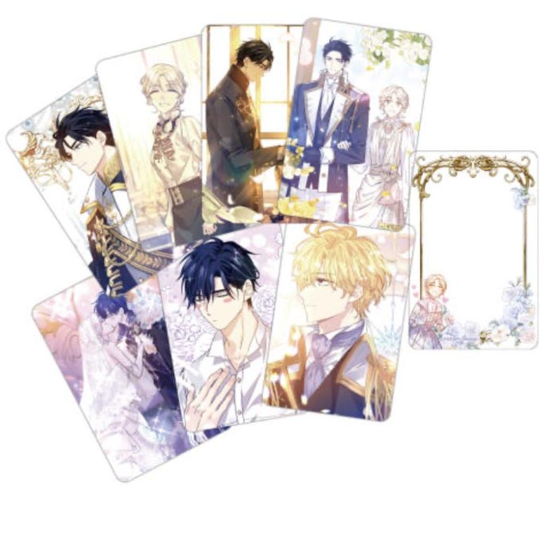 Puede incluir: Un conjunto de tarjetas ilustradas que representan personajes masculinos de estilo anime en diferentes atuendos y poses. Las tarjetas tienen un fondo blanco y est&aacute;n decoradas con detalles florales y dorados. Algunas tarjetas tienen espacios en blanco.