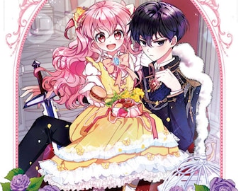 May include: A manga cover featuring a young woman with pink hair and a young man with black hair. The woman is wearing a yellow dress with a white lace trim and a blue bow. The man is wearing a black suit with a white shirt and a red tie. The text on the cover reads "The Villain Duke's Precious Little Sister".