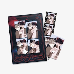 May include: A set of anime-style art prints depicting two male characters in different poses. The prints include a framed piece, a film strip, and a single card. The color scheme is primarily brown, black, and white.
