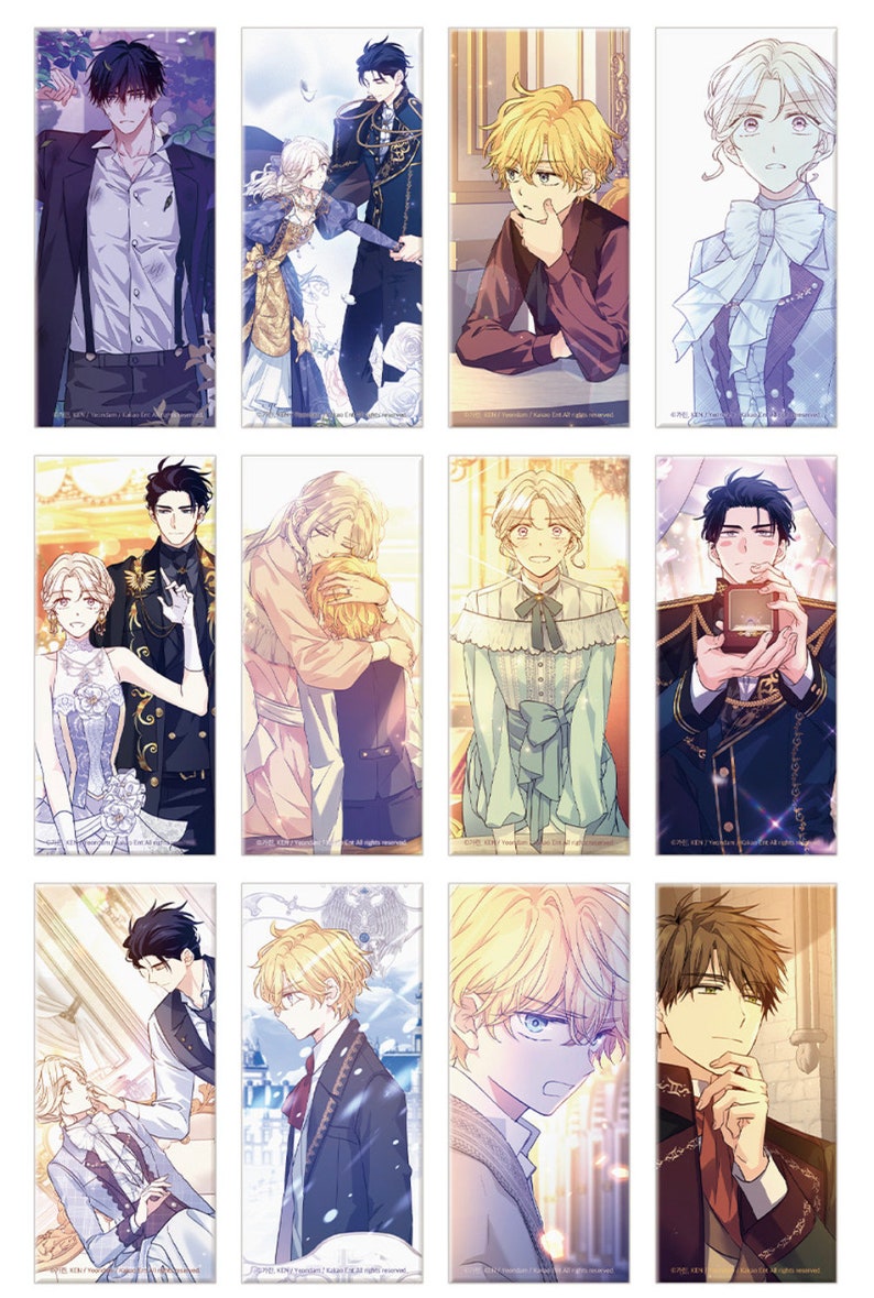 Puede incluir: Una colecci&oacute;n de doce marcap&aacute;ginas rectangulares con ilustraciones de estilo anime de varios personajes. Los personajes est&aacute;n representados con atuendos detallados, con una variedad de expresiones y poses, sobre fondos pastel suaves.