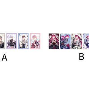 May include: Two rows of colorful cards featuring anime characters. The top row has a pink, orange, gray, purple, blue, and pink card. The bottom row has a purple, blue, white, light blue, dark purple, and pink card.