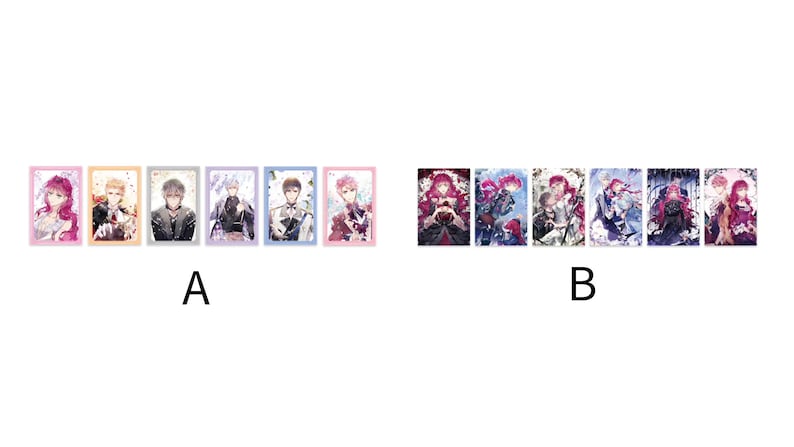 May include: Two rows of colorful cards featuring anime characters. The top row has a pink, orange, gray, purple, blue, and pink card. The bottom row has a purple, blue, white, light blue, dark purple, and pink card.