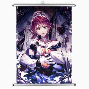 May include: Anime-style wall scroll featuring a woman with red hair and a tiara, holding a golden object. The artwork has a dark, romantic theme with floral and ornate details. The scroll is mounted on a silver rod.