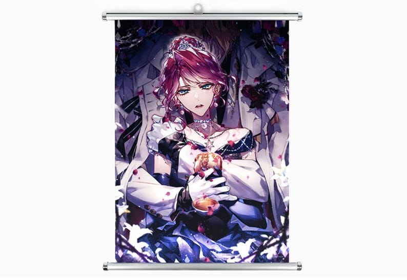 May include: Anime-style wall scroll featuring a woman with red hair and a tiara, holding a golden object. The artwork has a dark, romantic theme with floral and ornate details. The scroll is mounted on a silver rod.