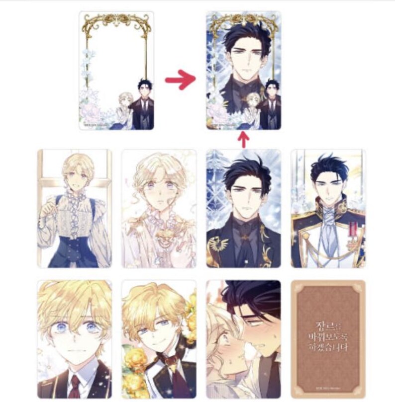 Puede incluir: Colecci&oacute;n de tarjetas ilustradas con personajes de estilo anime. Las tarjetas muestran figuras masculinas con atuendos detallados, con diversas expresiones y poses. Algunas tarjetas tienen bordes decorativos.