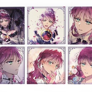 May include: Set of six square art prints featuring anime-style portraits of a person with pink hair and green eyes. Each print is framed with a decorative border. The artwork has a fantasy theme with detailed facial features and soft color palettes.