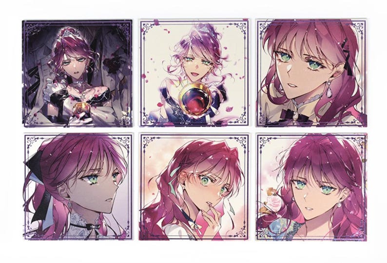 May include: Set of six square art prints featuring anime-style portraits of a person with pink hair and green eyes. Each print is framed with a decorative border. The artwork has a fantasy theme with detailed facial features and soft color palettes.
